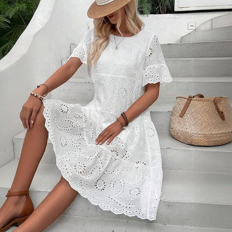Round Neck Embroidered Lace Short Sleeve A-Line Elegant Summer Vacation Dress