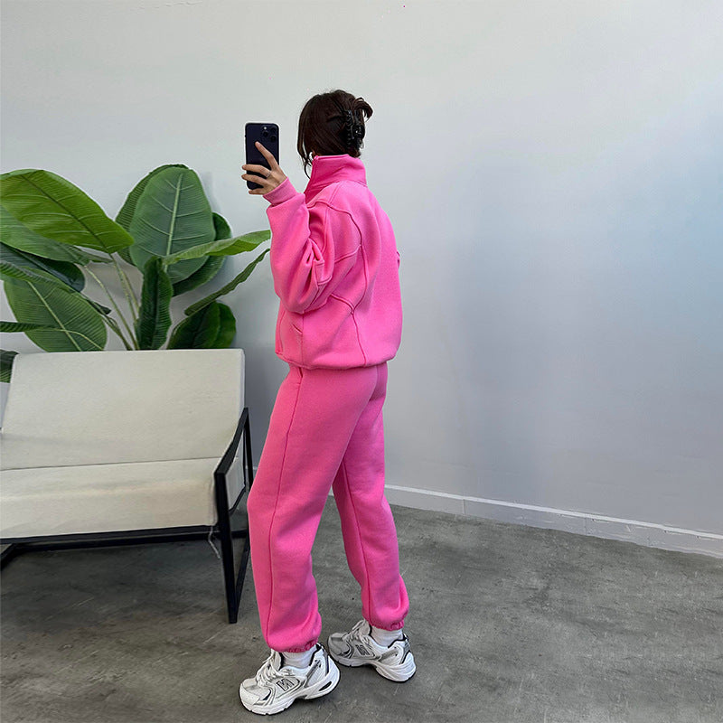 Cozy Core Fleece Set – Zip-Up Hoodie + Relaxed Joggers Sports Suits With Pockets Stand-up Collar Zipper Cardigan And Drawstring Trousers Fashion Jogger Set Outfits Tracksuits Women's Clothing