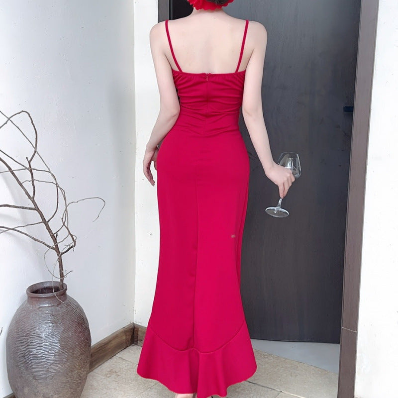 Sexy Long Spaghetti-strap Ruffle Bottoming Skinny Dress