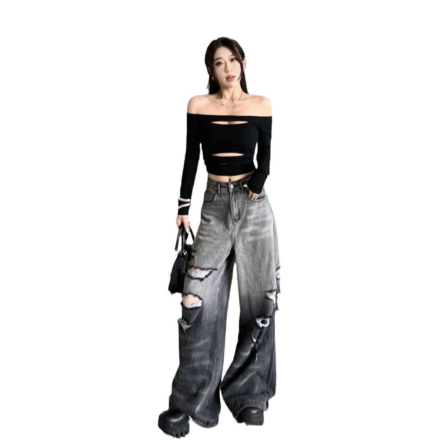 Distressed Black Wash Wide-Leg Jeans – Street Rebel Fit Gradient Color Big Ripped Hot Girl Wide Leg Jeans For Women