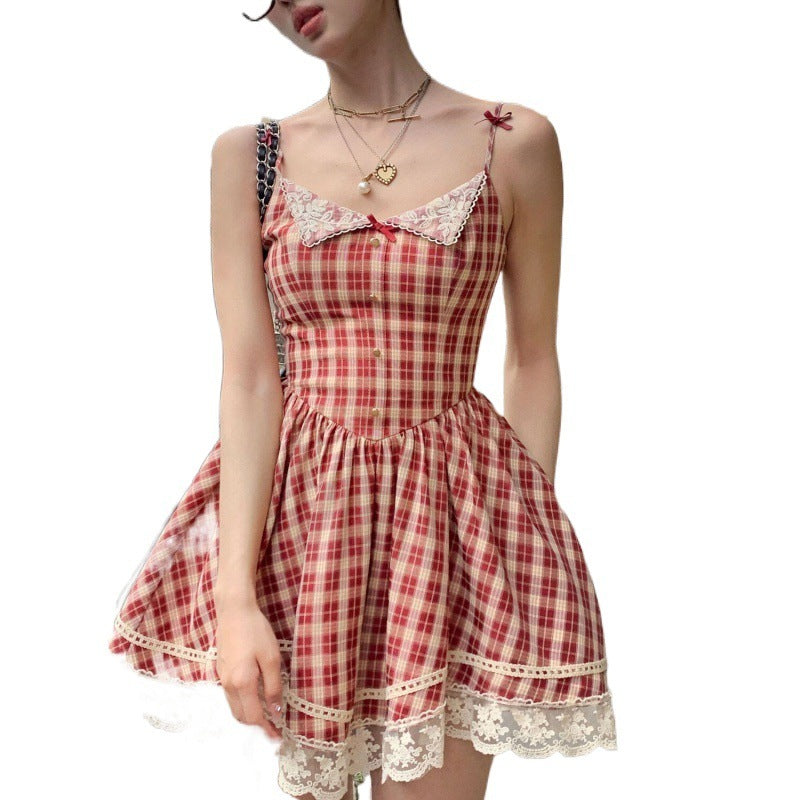 Slim Fit Sweet Plaid Slip Dress For Women's