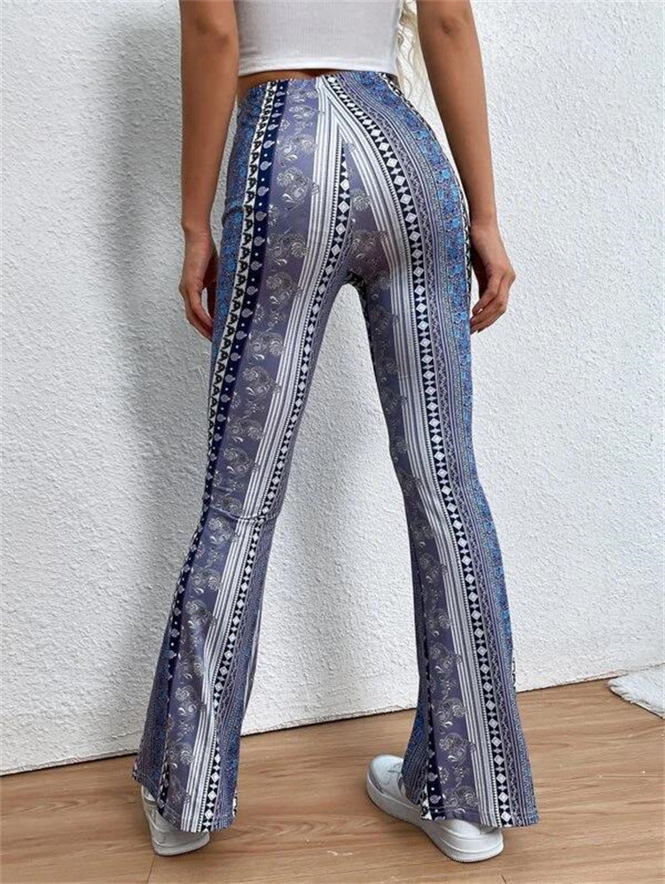 Boho Vibe Flare Pants – Retro Printed Stretch Trousers Loose Running Leisure Wide Leg Pants