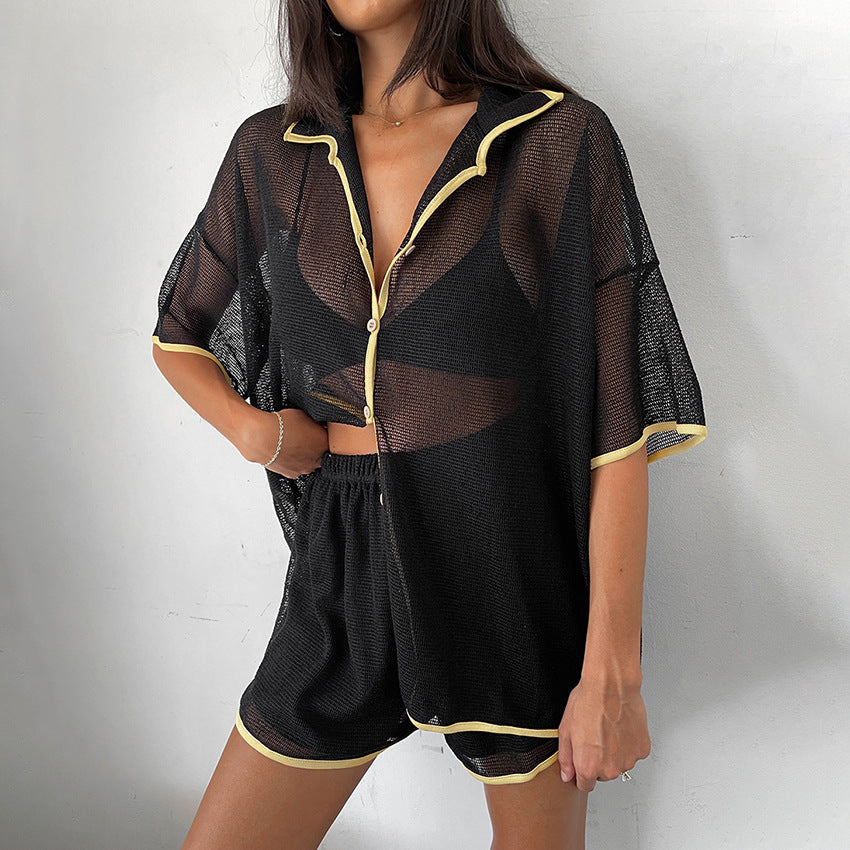 Chic Sheer Oversized Lounge Set - Shirt & Shorts See-through Cardigan Pajamas Two-piece Set For Women
