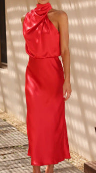 Solid Color High-grade Satin Elegant Dress For Women's