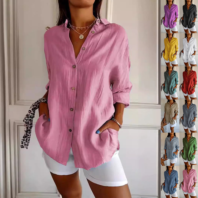 Lapel Long Sleeve Shirt Single-breasted Pleated Shirt For Women's