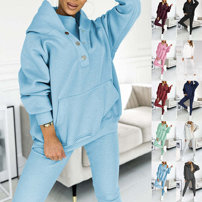 3-Piece Lounge Set – Cozy, Chic & Effortlessly Stylish For Women's Sports Suit Loose Hooded Pockets Sweatshirt And Vest And Slim Trousers
