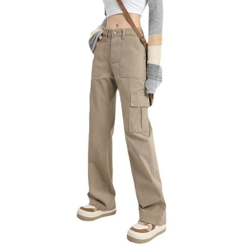 Beige Low-Waist Straight Cargo Pants – Streetwear Utility Trousers American Retro Hot Girl Design Sense Cargo Jeans Women