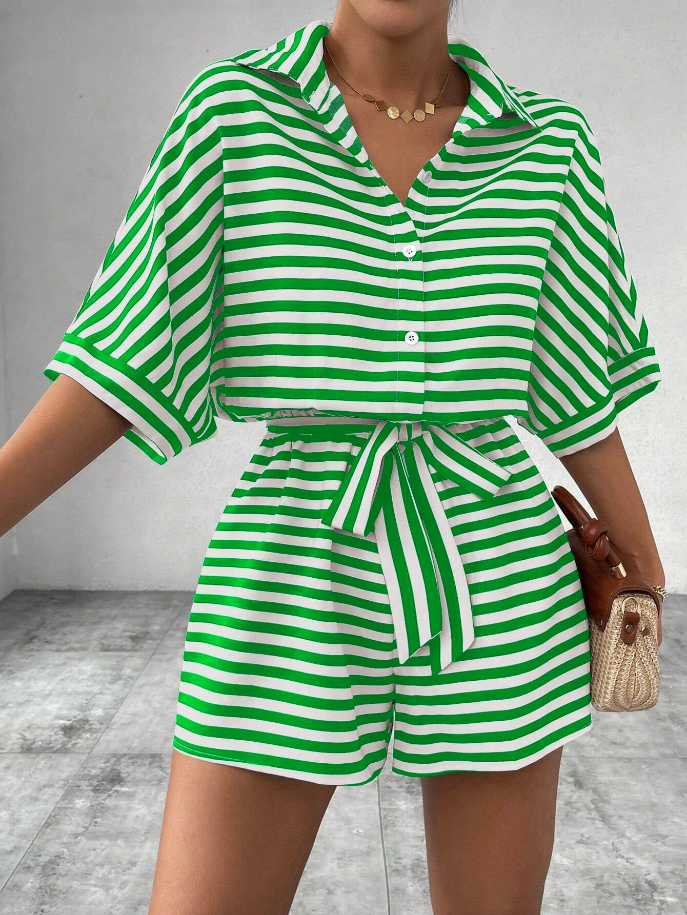 Striped Lapel Cardigan Button Half Sleeve Belt Shorts Suit Jumpsuit For Women's