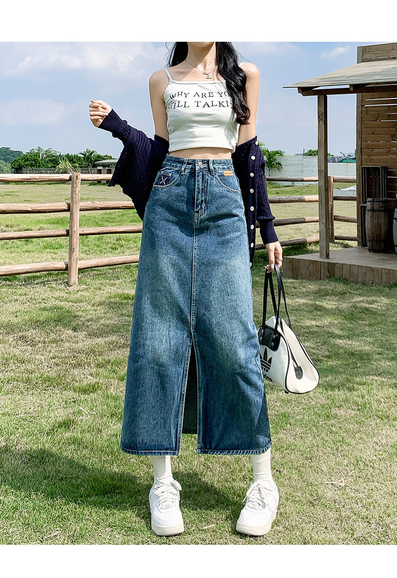 Front Slit High Waist Denim Skirt For Women