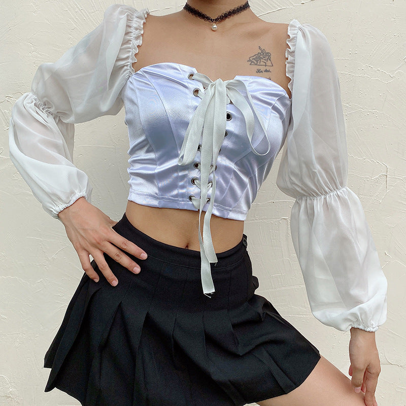 Mesh Puff Sleeve Tie Full Sleeve Top
