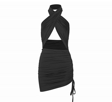 Bodycon Strappy Halter Club Dress with Front Cutout Solid Color Hanging Neck Sexy Backless Dresses