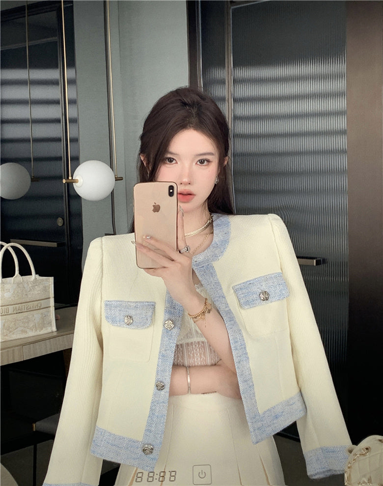 Chic Cream & Denim - Elegant Blazer Single Breasted Contrasting Korean Top