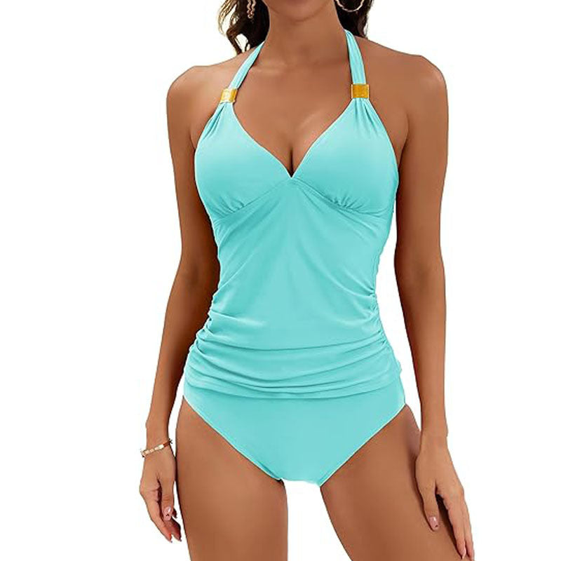 Ruched Elegance Tankini Set – Supportive V-Neck Top & High-Waist Bottoms Women's Pure Color Halter Split Tie Two Piece Swimsuit