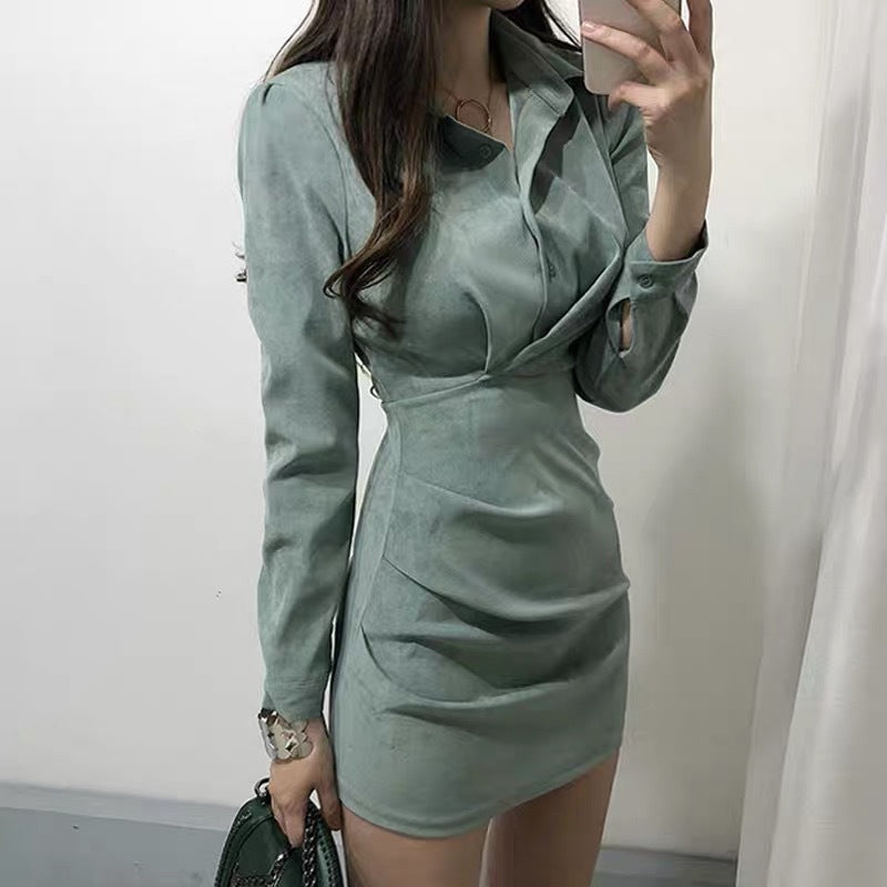 Versatile Button-Up Wrap Front Mini Dress Retro Waist Slim Dress