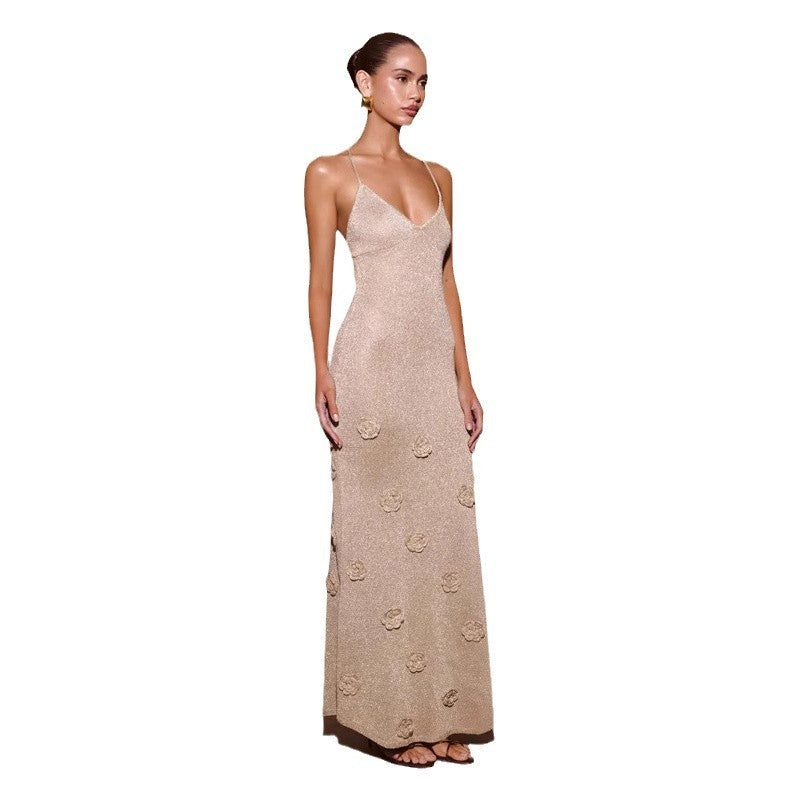 Knitted Flowers Suspenders Dress Crochet Glitter Bodycon Dresses For Women