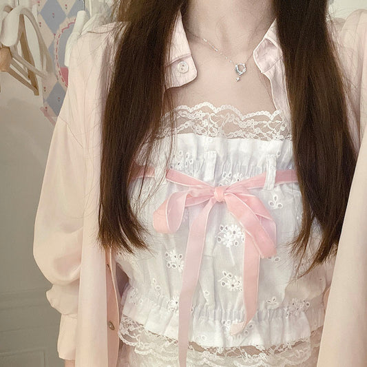 Sweet Lace Embroidered Bow Girl Vest