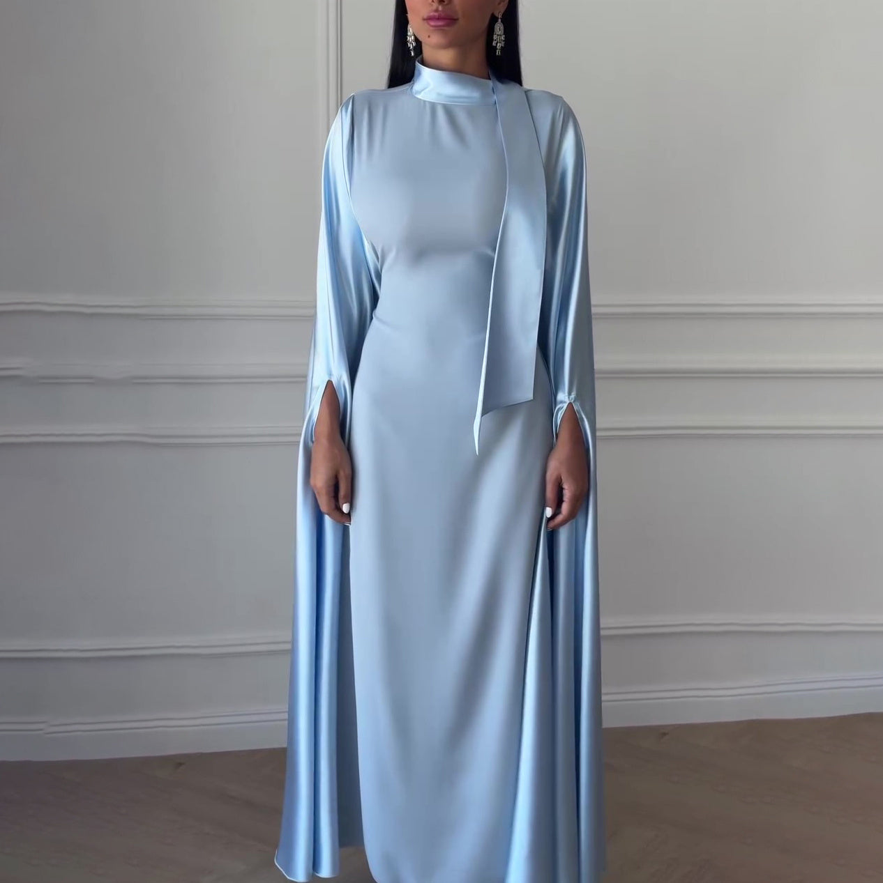 Elegant Blue Bucket Modest Seam Maxi Bodycon Dress