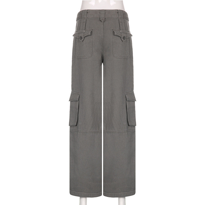 Tactical Chic – Where Street Meets Utility Vintage Multi Pocket Belt Casual Workwear Jeans Women