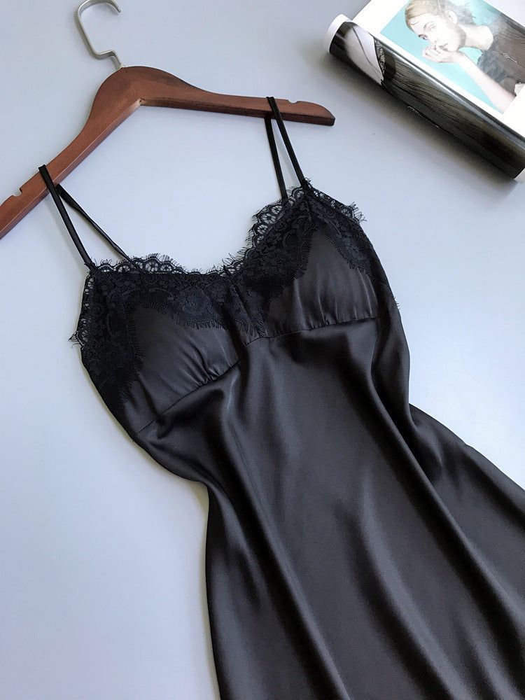 Sexy Satin & Lace Slip Dress Nightgown V-neck Lace Hem Strap Nightdress