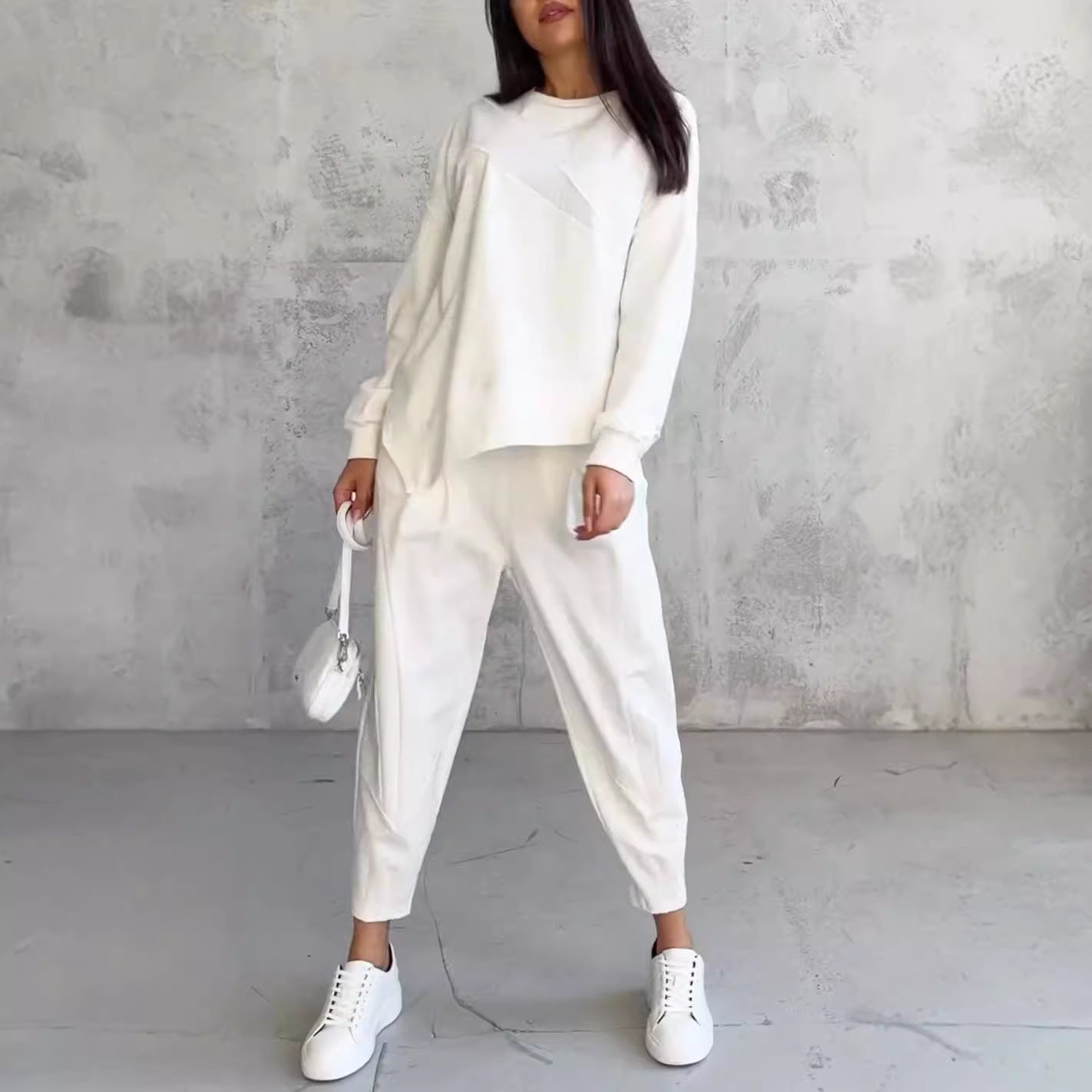 Slouchy Luxe Lounge Set – Crewneck Top + Tapered Joggers Women's Round Neck Loose And Irregular Long-sleeve Sweater Set