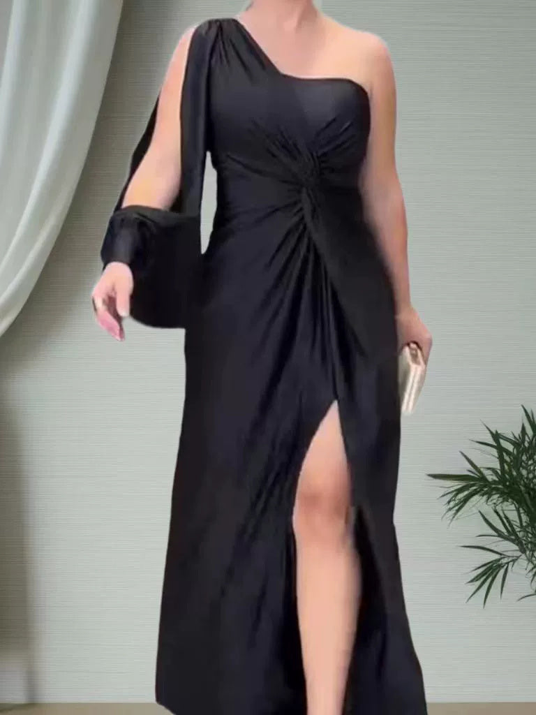 Diagonal Shoulder Knot Split Solid Color Slim Fit Dress