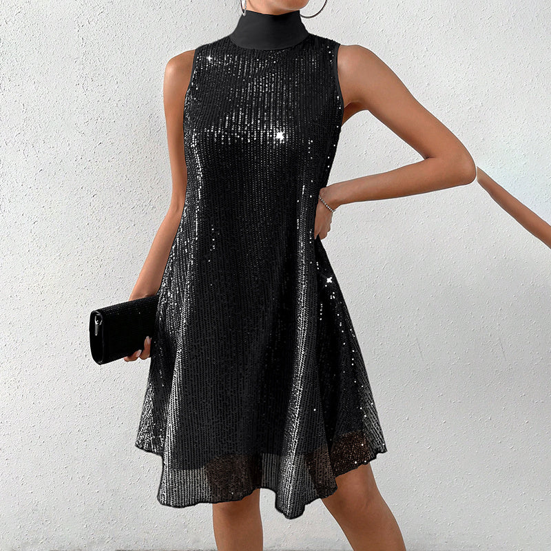 Sparkly Sequin Sleeveless Mock Neck Dress Glittery Evening Party Dress
