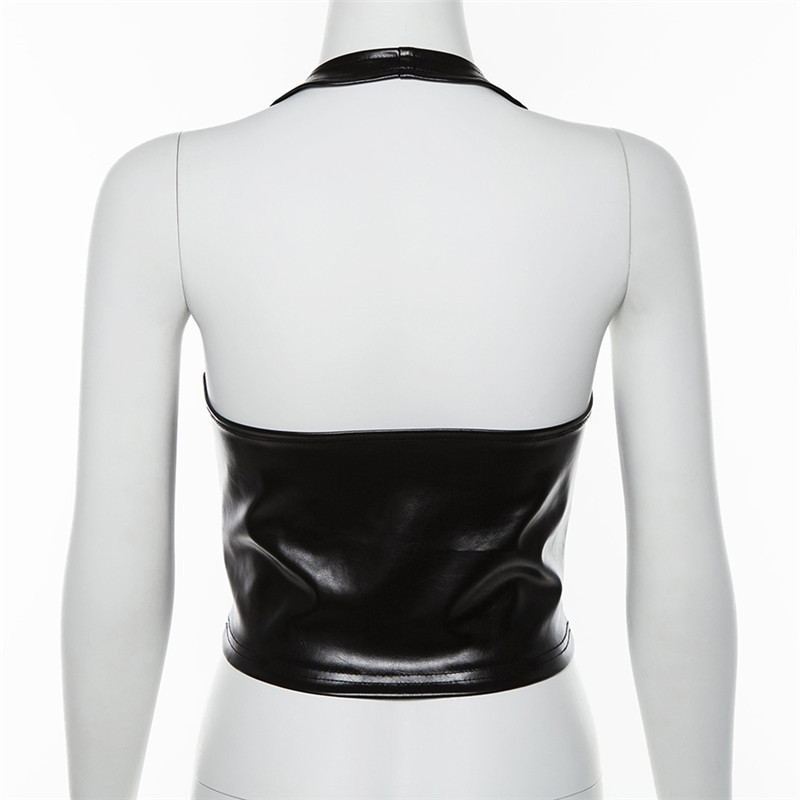 Edgy Faux Leather Lace-Up Halter Top for Women Hollow-out crop PU small vest female
