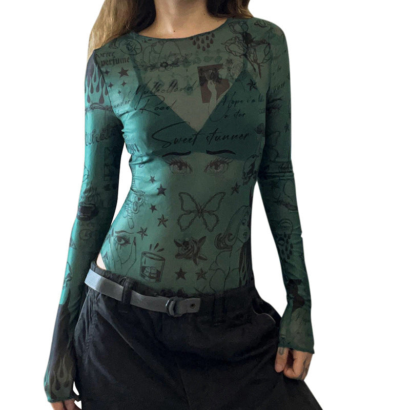 Fashion Slim Fit Transparent Artwork Top Retro Printed Mesh Transparent Jumpsuit