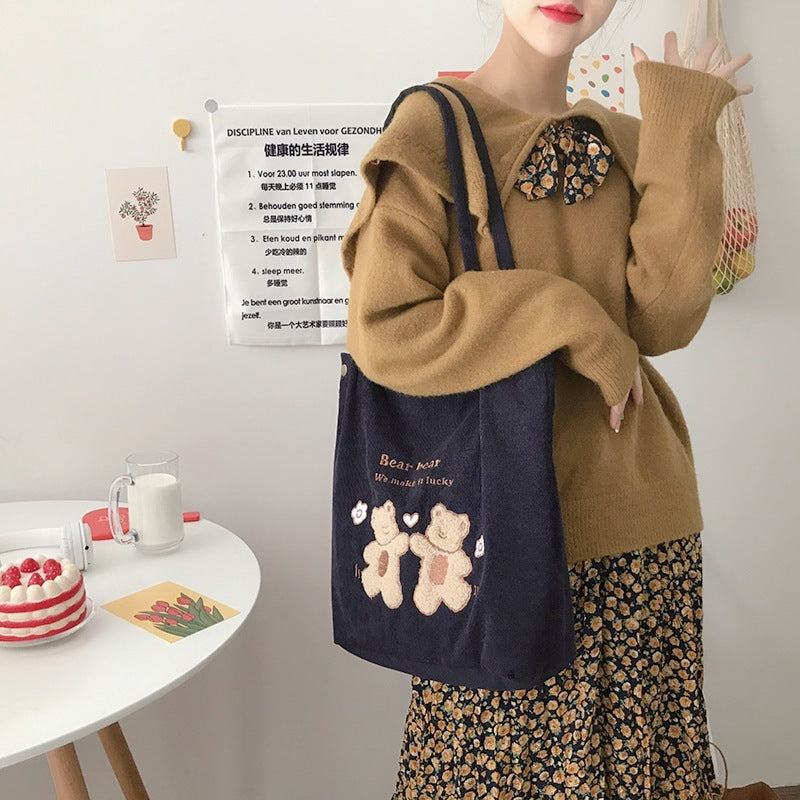 Corduroy Shoulder Bag Lucky Bears Embroidery Striped Canvas Handbag Eco Cloth Tote Cute Soft Shopping Bags For Women