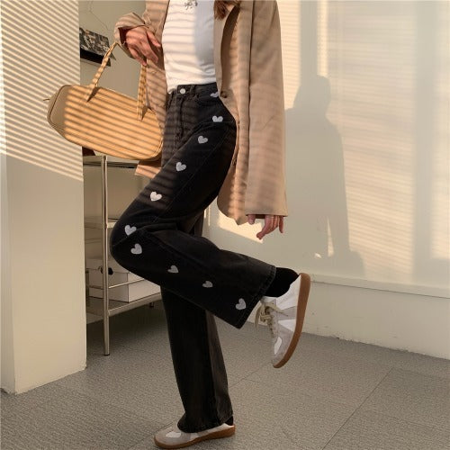 Heart Cutout Wide-Leg Jeans – Soft Girl Meets Streetwear New Design Sense Straight Loose High Waist Love Jeans For Women