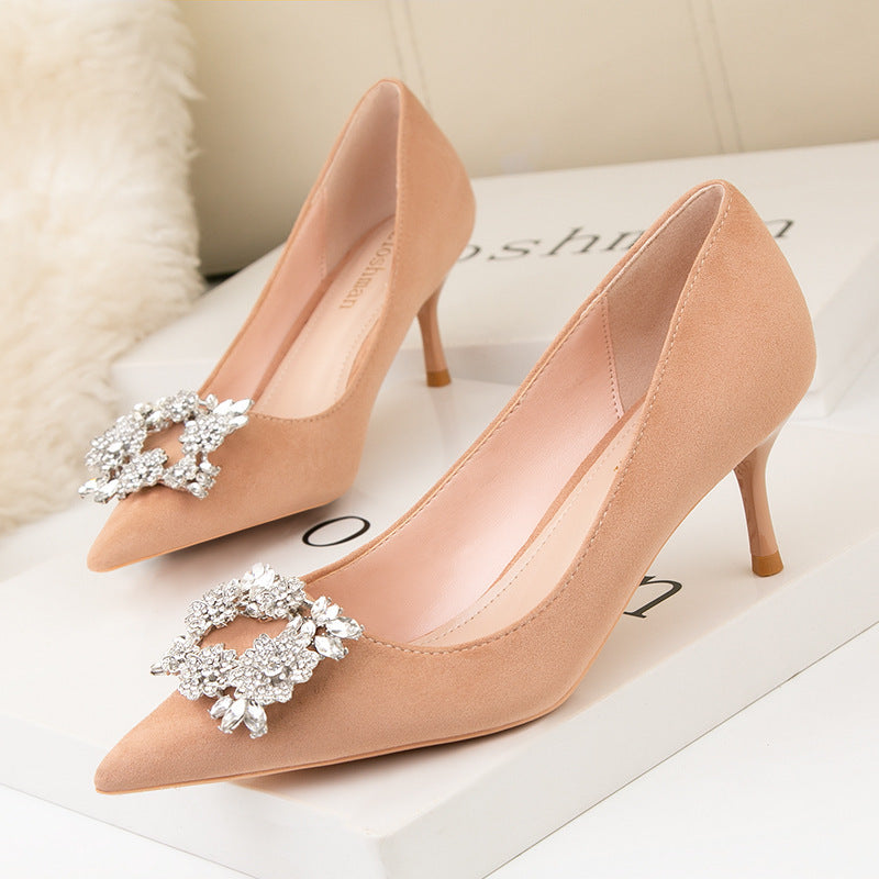 Rhinestone Buckle Pointed Toe Heels Women Pointed Toe Fashion High Heel Shoes