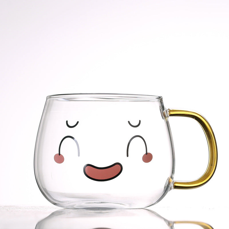 Cute Kawaii Emoji Glass Mug with Gold Handle Cute Glass Expression Coffee Cup Mug