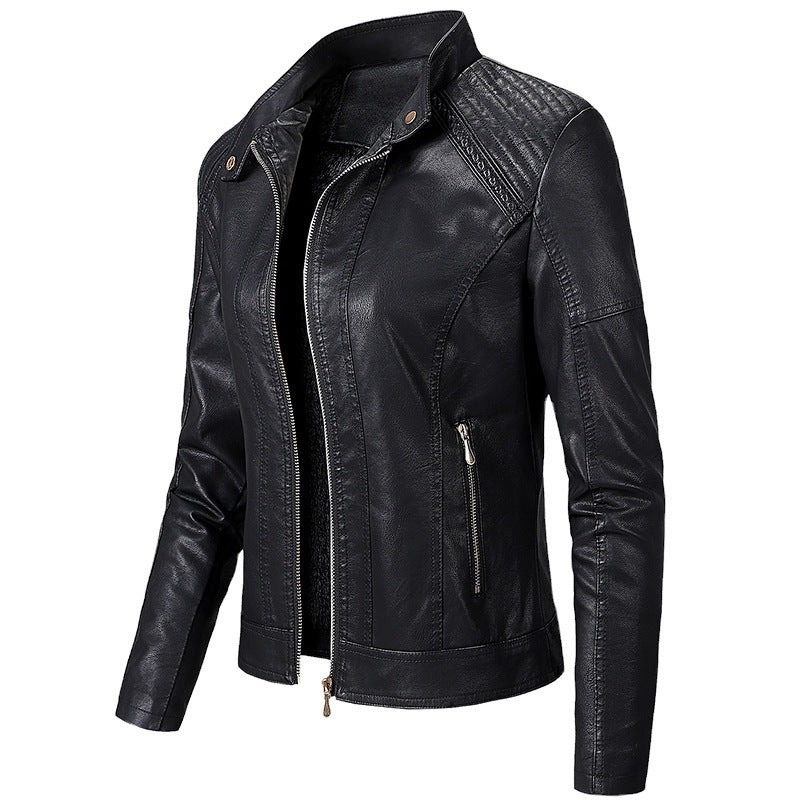 Long Sleeve Black Leather Jacket Pu Leather Women Short