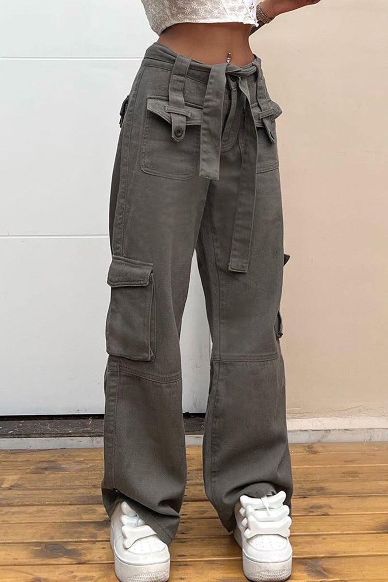 Tactical Chic – Where Street Meets Utility Vintage Multi Pocket Belt Casual Workwear Jeans Women