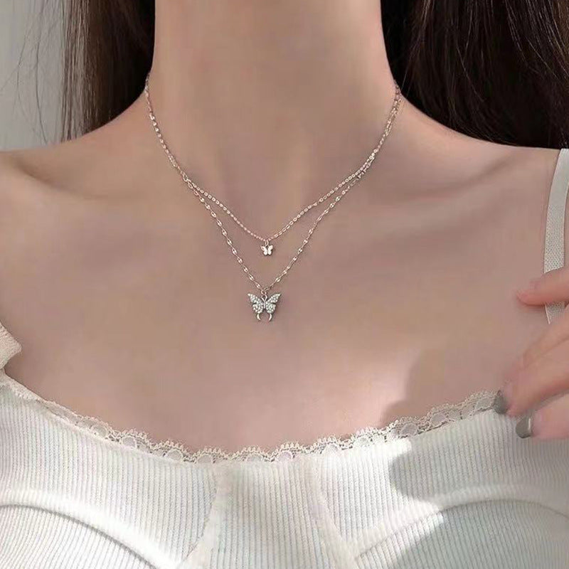 Sparkling Crystal Butterfly Double Chain Necklace Fashion Jewelry Double Butterfly Necklace Gold Plated Butterfly Pendant Engagement Necklaces For Women Animal Jewelry Anniversary Gift