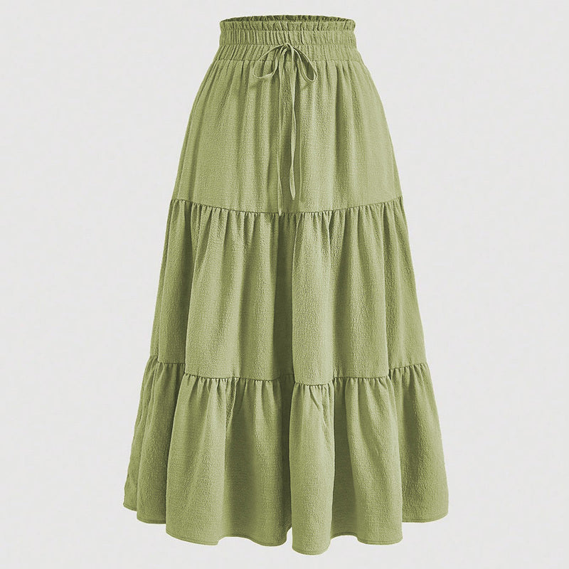 Solid Color High-Waist Knot Detail Flowy Pleated Midi Skirt - Elegant A-Line Skirt For Spring Summer