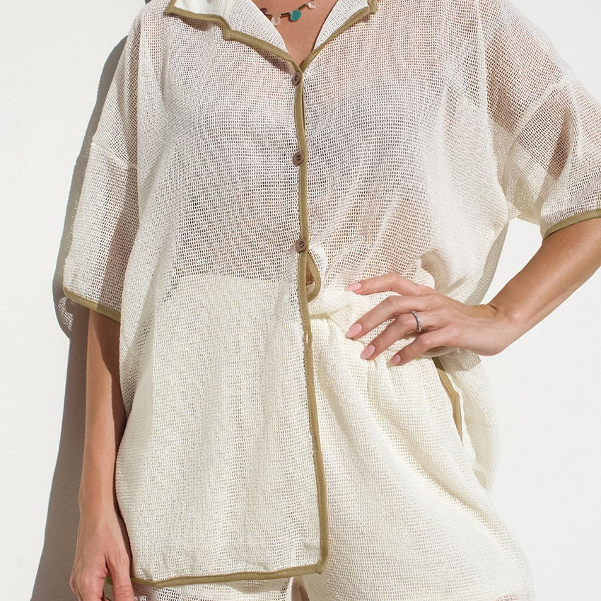Chic Sheer Oversized Lounge Set - Shirt & Shorts See-through Cardigan Pajamas Two-piece Set For Women