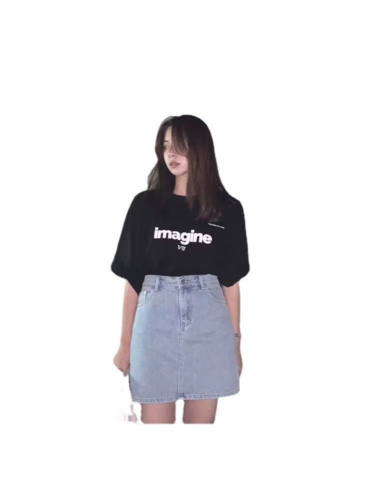 “IMAGINE” Statement Tee – Casual Cool with a Bold Voice Loose Korean Letter T-shirt Top