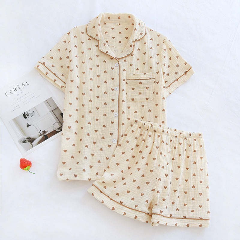 Cute Heart Print / Polka Dot Short Sleeve Pajama Set Double Layer Gauze Home Pajamas