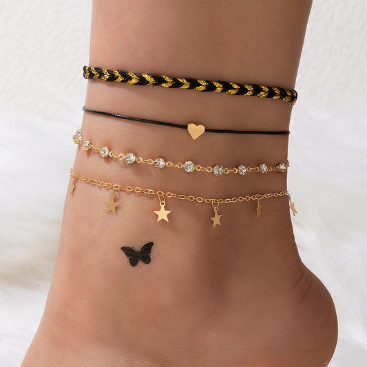 Summer Beach Foot Jewelry with Heart Charm Korean Style Alloy Diamond XINGX Pendant Anklet Four-piece Set