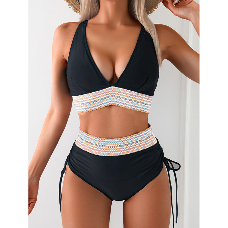 High Waisted Bikini Sets Two Piece Tummy Control Swimsuit Color Block Bathing Suits