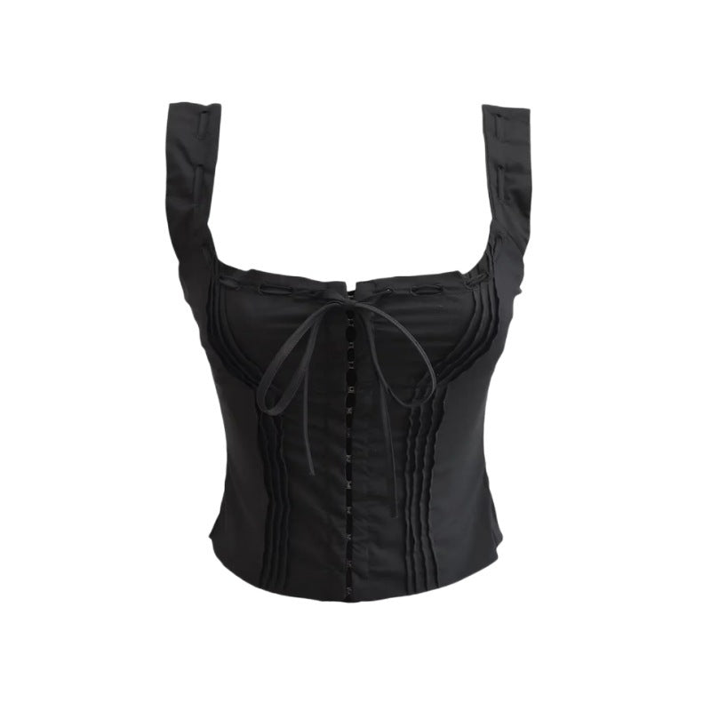 Summer New French Style Girl Sling Vest Lace-up Seaside Holiday Short Hook Top