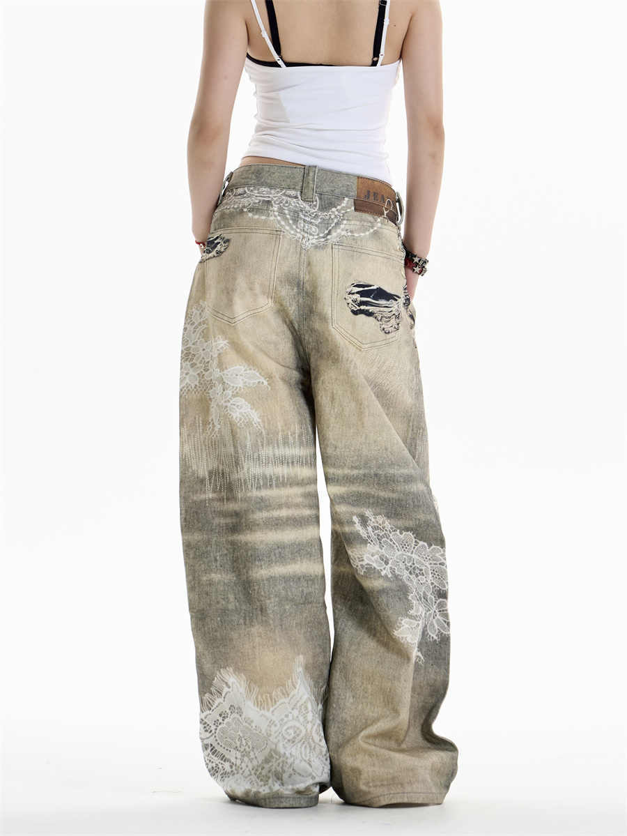Cross Printed Jeans Women's Wide-leg Pants