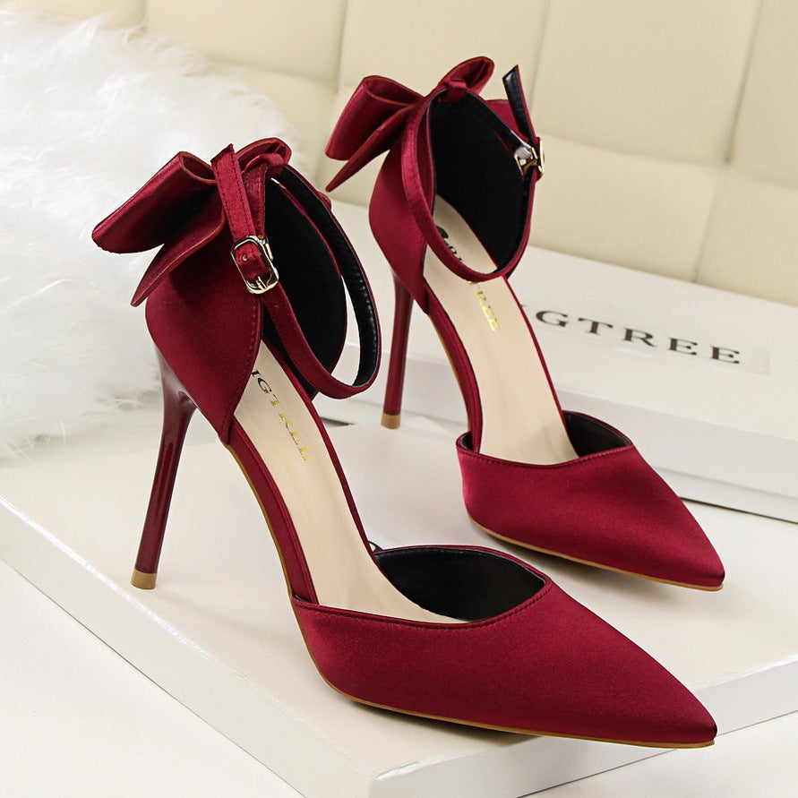 Women's Korean Version Sweet Beauty Sandals Thin High Heels Shallow Mouth Pointed Silk High Heels Pointed satin stiletto high heels