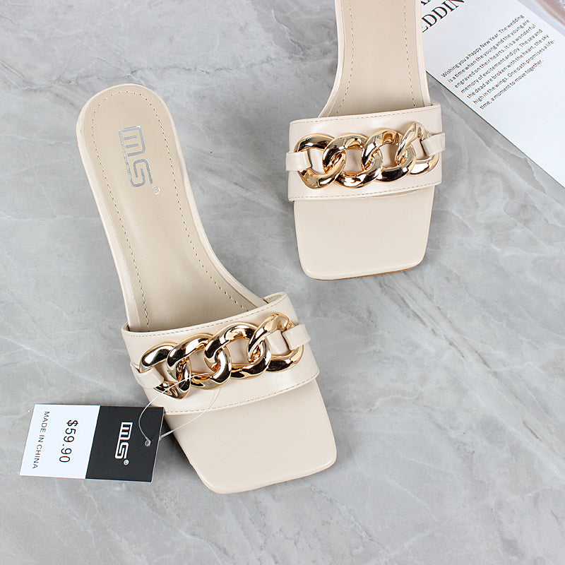 Bold Chain-Link Square Toe Heels – Luxe Meets Everyday New Simple Stiletto Slippers Women