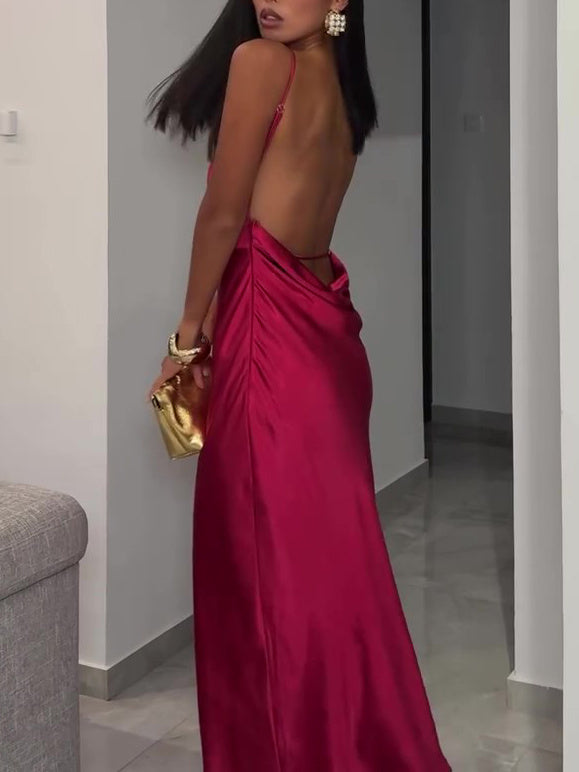Burgundy Backless Satin Sleeveless Dress