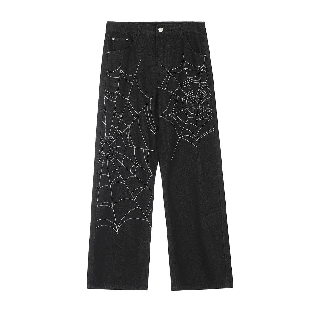 Webbed Edge – Black Denim with Spider Stitch Detail Spider Web Straight Jeans For Men And Women