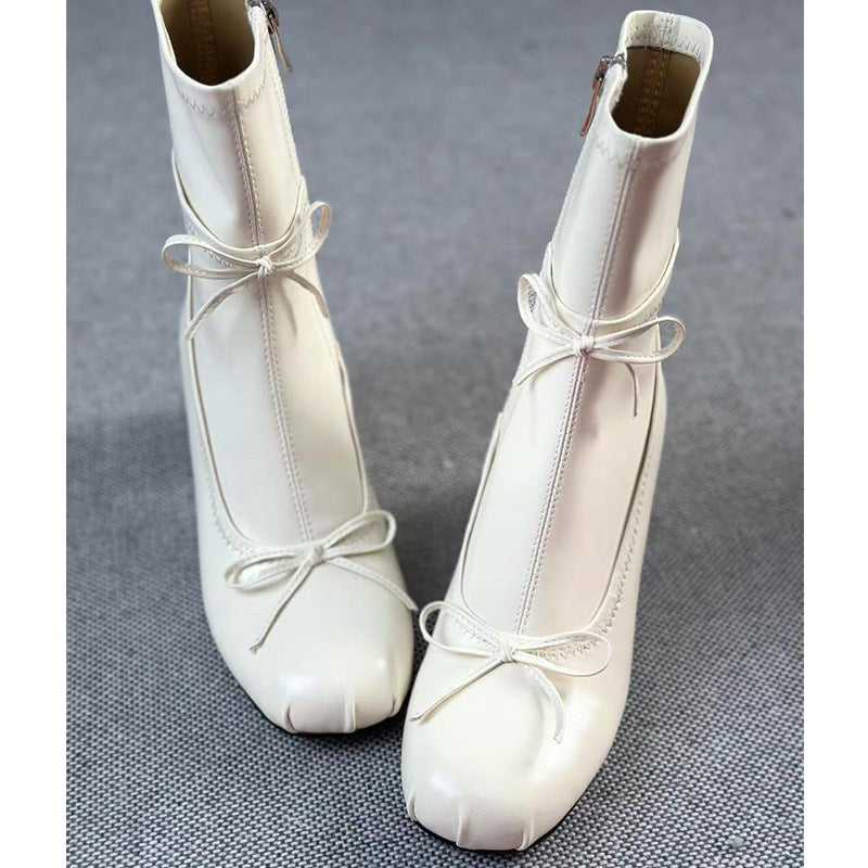 Ballet Style White High-heeled Round Head Thin Boots