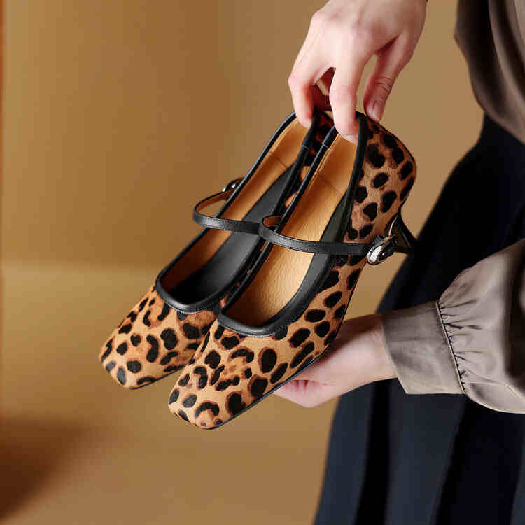 Elegant Mary Jane Heels with Leopard Print or Classic Black Suede Women's Square Toe Stiletto Heel Ankle-strap Shoes Fashionable Retro High Heels