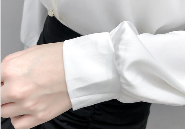 Elegant Lace Collar Button-Up Blouse | Long Sleeve Satin/Silk-Look Shirt Temperament Design Sense Stitching Top Western Style Korean Loose Shirt